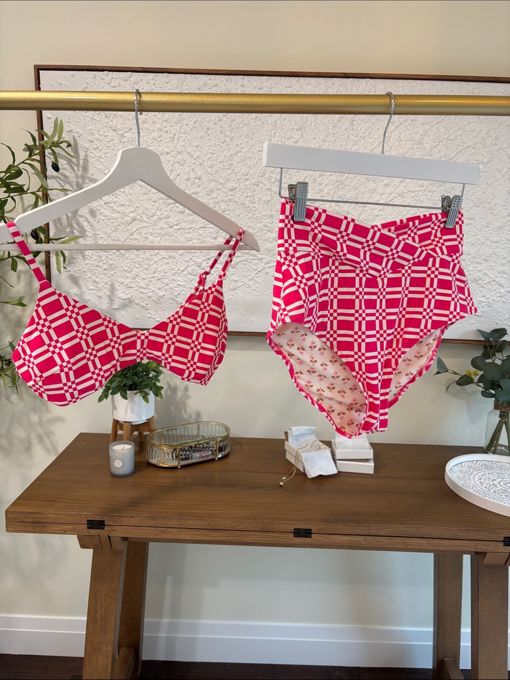 aerie Pink Checkered Underwire Bikini Set with High-Waist Bottoms